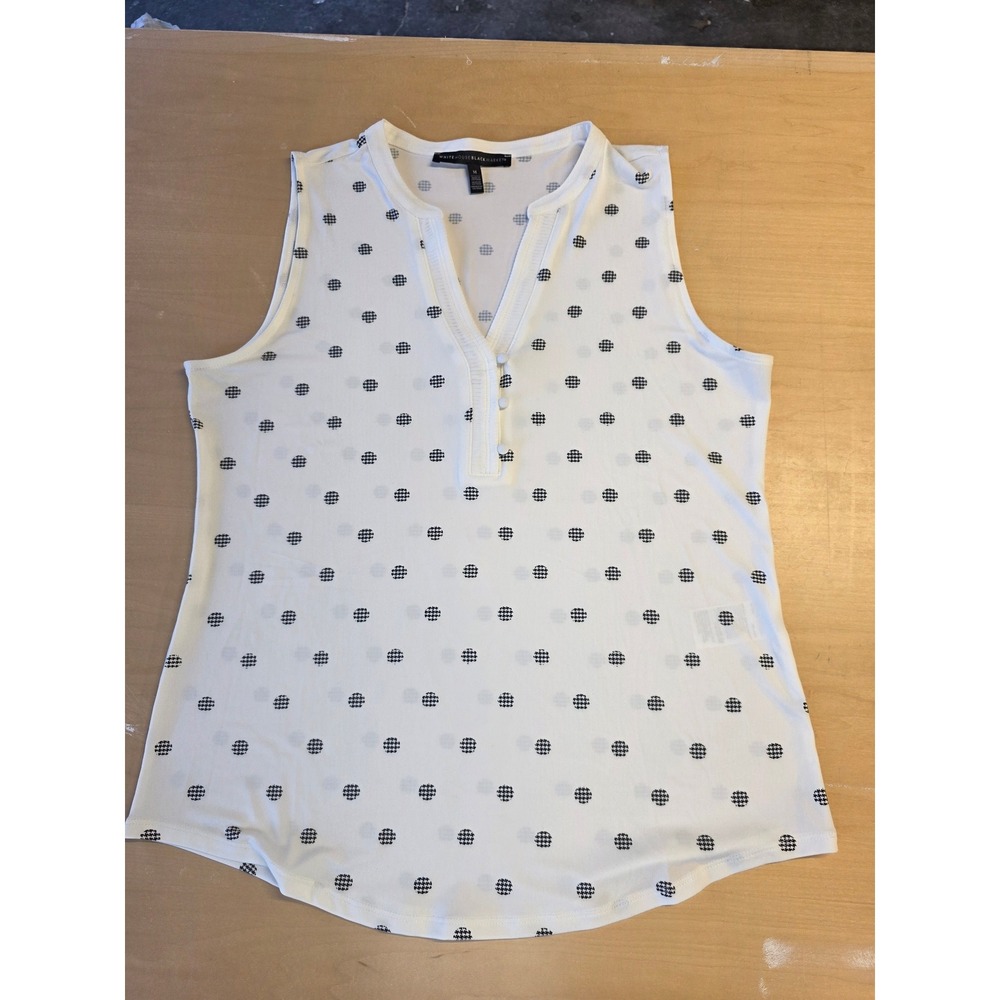 White House Black Market Sleeveless Houndstooth Polka Dot Blouse White Black M